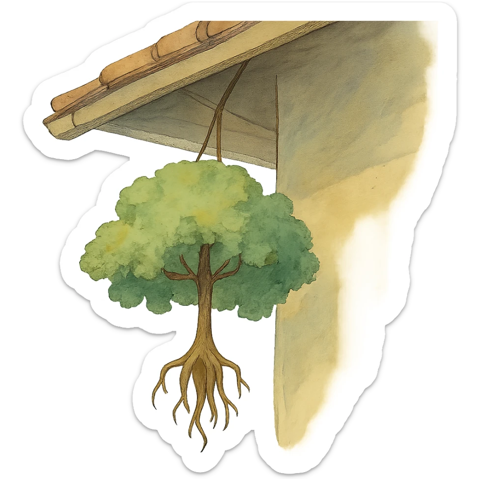 ghibli style illustration of a tree hanging from a roof, soft colors, whimsical sticker