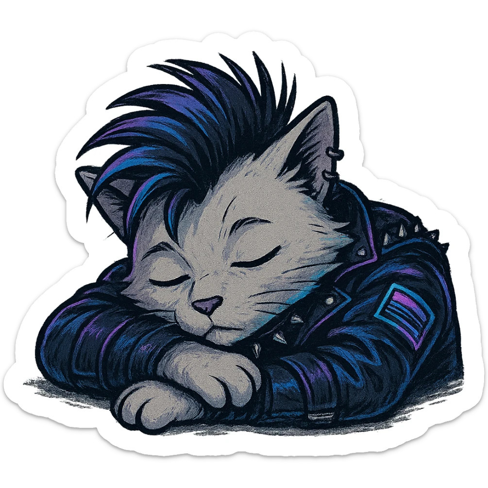  a anthro cat laying down his head to nap, punk gothic style, futuristic cyberwave cyberpunk, resting his head on his arms, head tilted sideways, light gray cata sticker