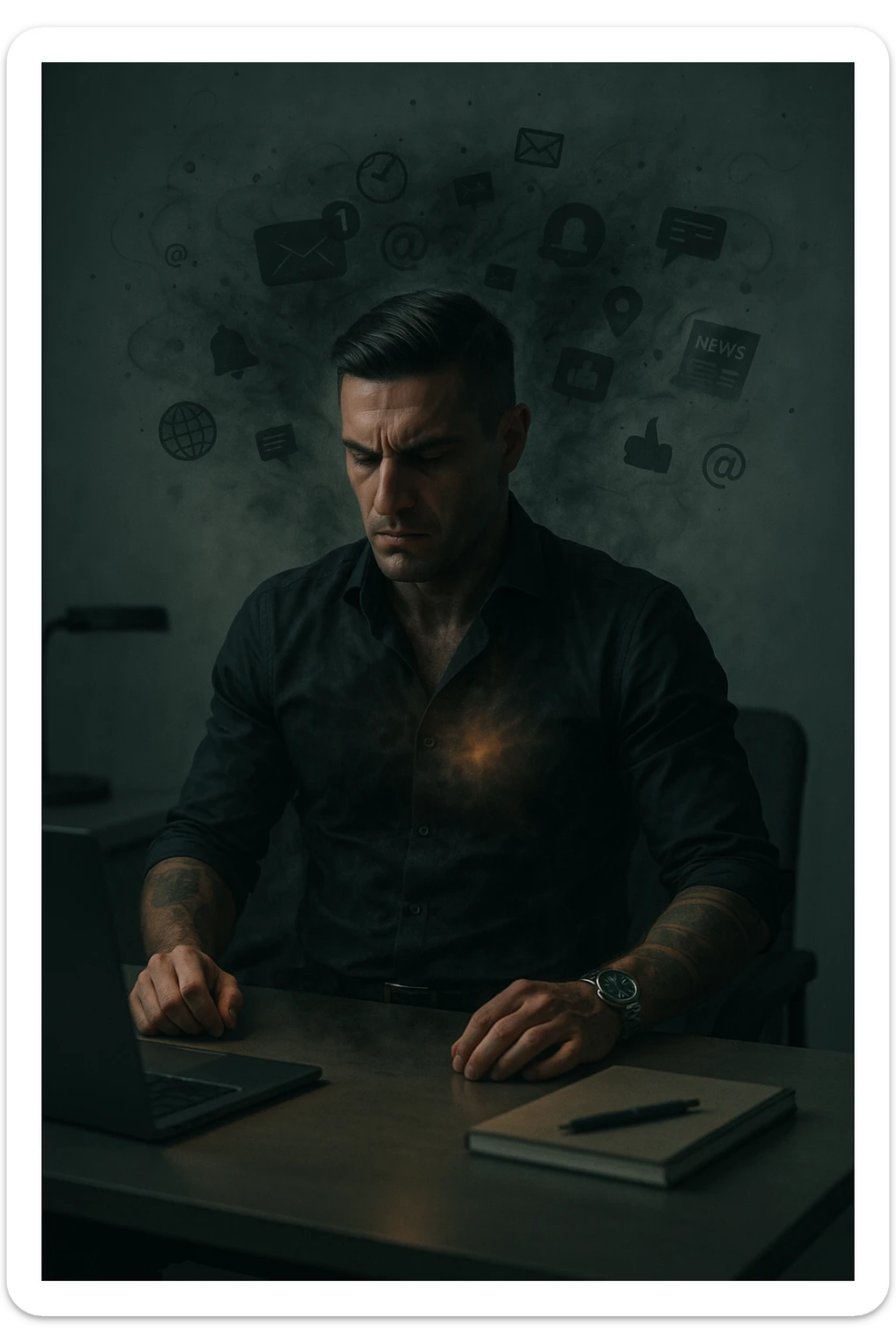 A highly realistic, cinematic image of a young man in his early 30s, sitting at a modern office desk under harsh artificial lighting, shoulders hunched, jaw clenched, and breathing shallowly, symbolizing how modern society forces people to live in a state of chronic tension and restricted breathing. Around him, faint black and grey visual elements represent notifications, deadlines, social media icons, and news alerts, swirling around his head like a chaotic storm, symbolizing societal pressure. His chest appears visually tight and compressed, and faint dark smoke emanates from his body, representing blocked breath and internalized stress. In contrast, a faint glowing light near his chest and abdomen tries to expand, symbolizing the innate desire of the body to breathe freely and deeply. The environment is cold and minimalistic, with a sense of stillness and tension, captured in a hyperrealistic 35mm film style with muted colors, focusing on the man's tense posture and restricted breathing to reflect the unseen burden of modern living. sticker