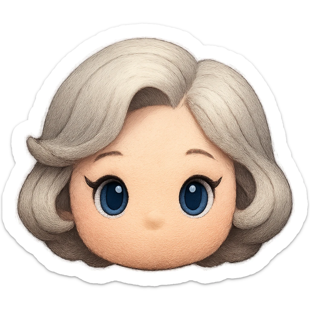 Change hair to pure silver grey with no blue or yellow cast, plush tsum tsum style, blue eyes, 1940s bob haircut, no body, no mouth, no white border, transparent background. sticker