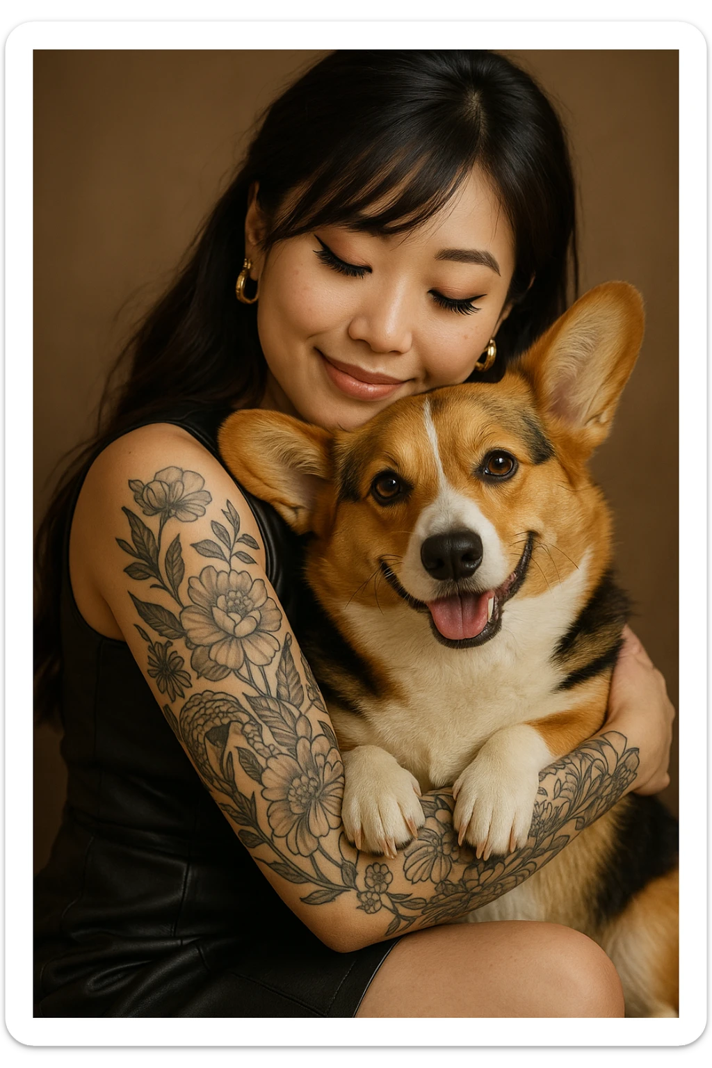 asian girl in a black leather dress, gold earrings, long hair with wispy deep side bangs, false lashes, 3/4 sleeve tattoo on her left arm, hugging a happy red head tri color corgi sticker