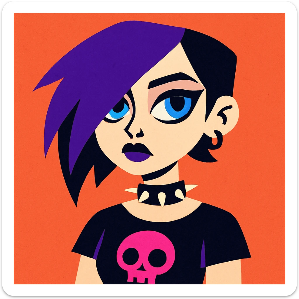 goth girl with purple asymmetrical hair, blue eyes, pale skin, unique illustrative style sticker