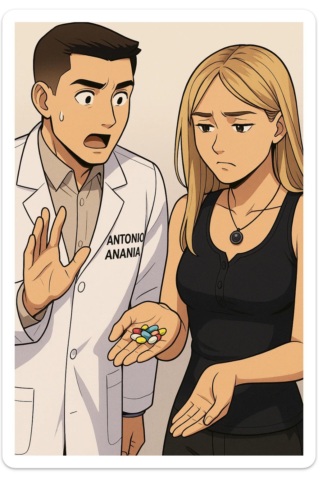 fai un webtoon/manga a colori con questo kinesiologo in camice bianco (fagli la scritta "ANTONIO ANANIA" SUL CAMICE) CHE PARLA CON QUESTA RAGAZZA. LA RAGAZZA HA UN PUGNO DI INTEGRATORI IN MANO (TANTE PILLOLE DIVERSE) E LE GUARDA DUBBIOSA. IL KINESIOLOGO CON IL CAMICE BIANCO LE DOMANDA UNA COSA SCIOCCATO. NON FARE I FUMETTI, FAI SOLO LORO COME SE DIALOGASSERO sticker