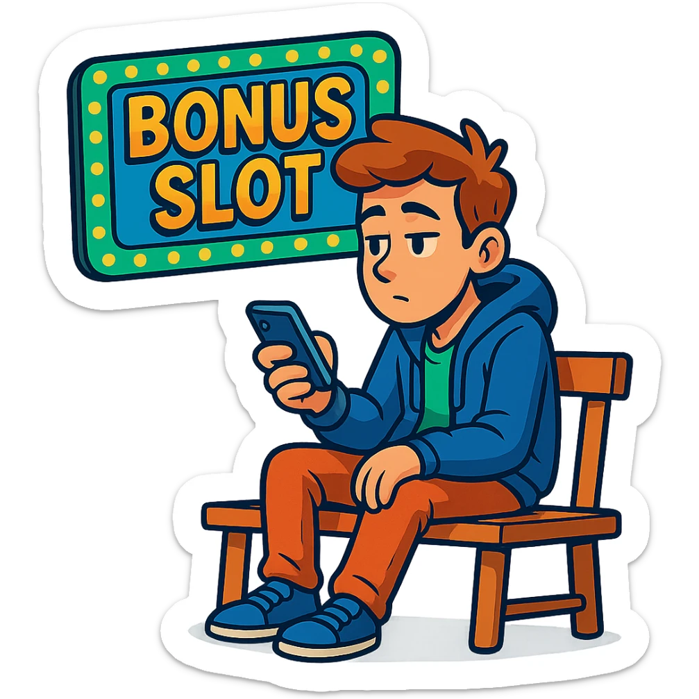 a person sitting on a bench, glancing at a phone, waiting for a bonus slot, cartoon style, vibrant colors sticker