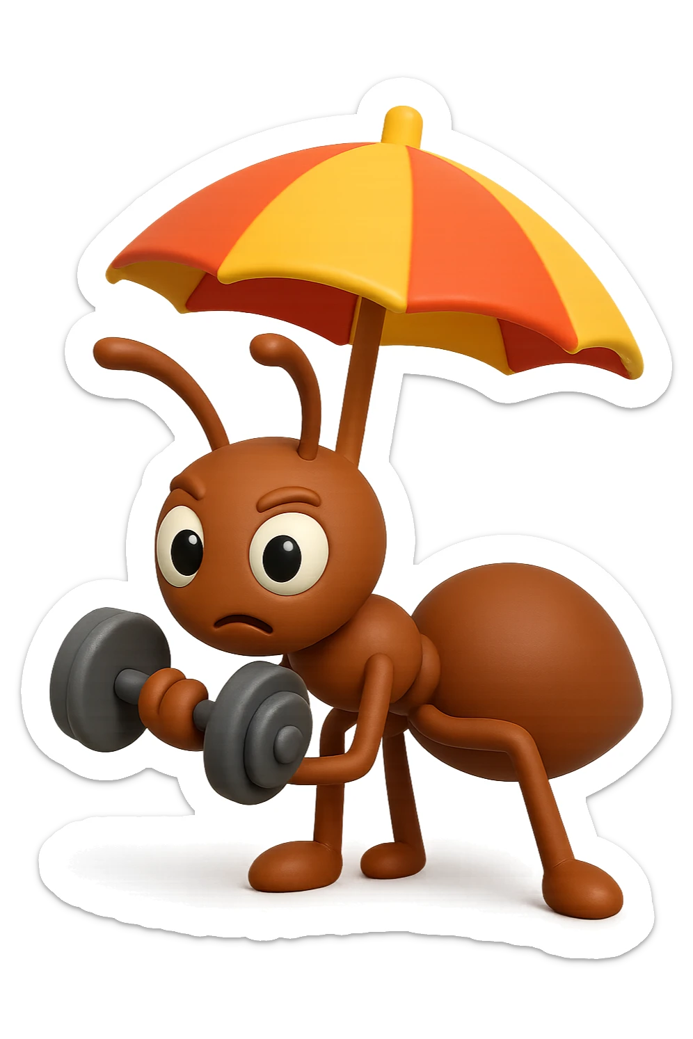 EMOJI STILE IPHONE 3D DI una formica che si allena sotto l'ombrellone in spiaggia con un manubrio da palestra in mano, fagli anche la parte bianca degli occhi, non solo la pupilla sticker