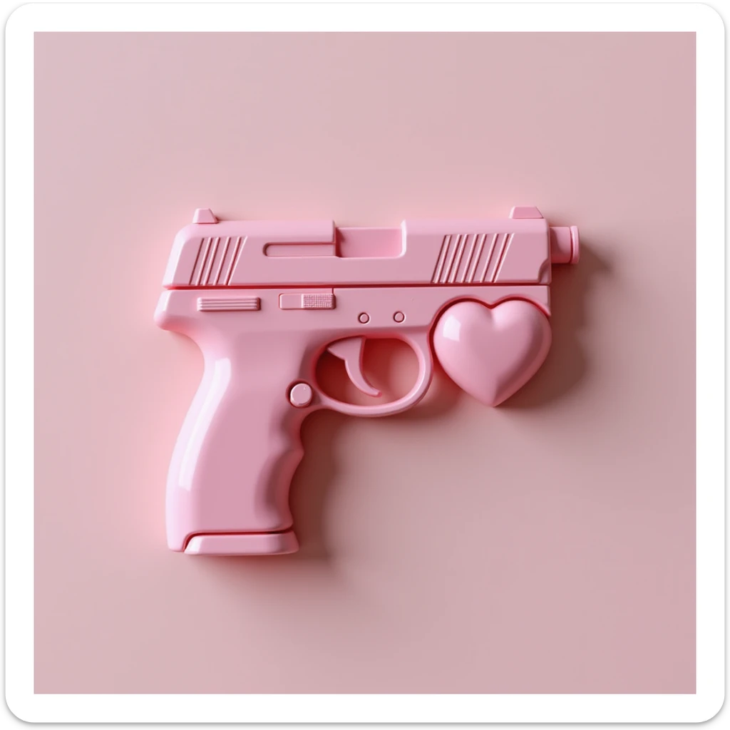 pink heart pistol, photorealistic style, glossy finish, on a white background sticker
