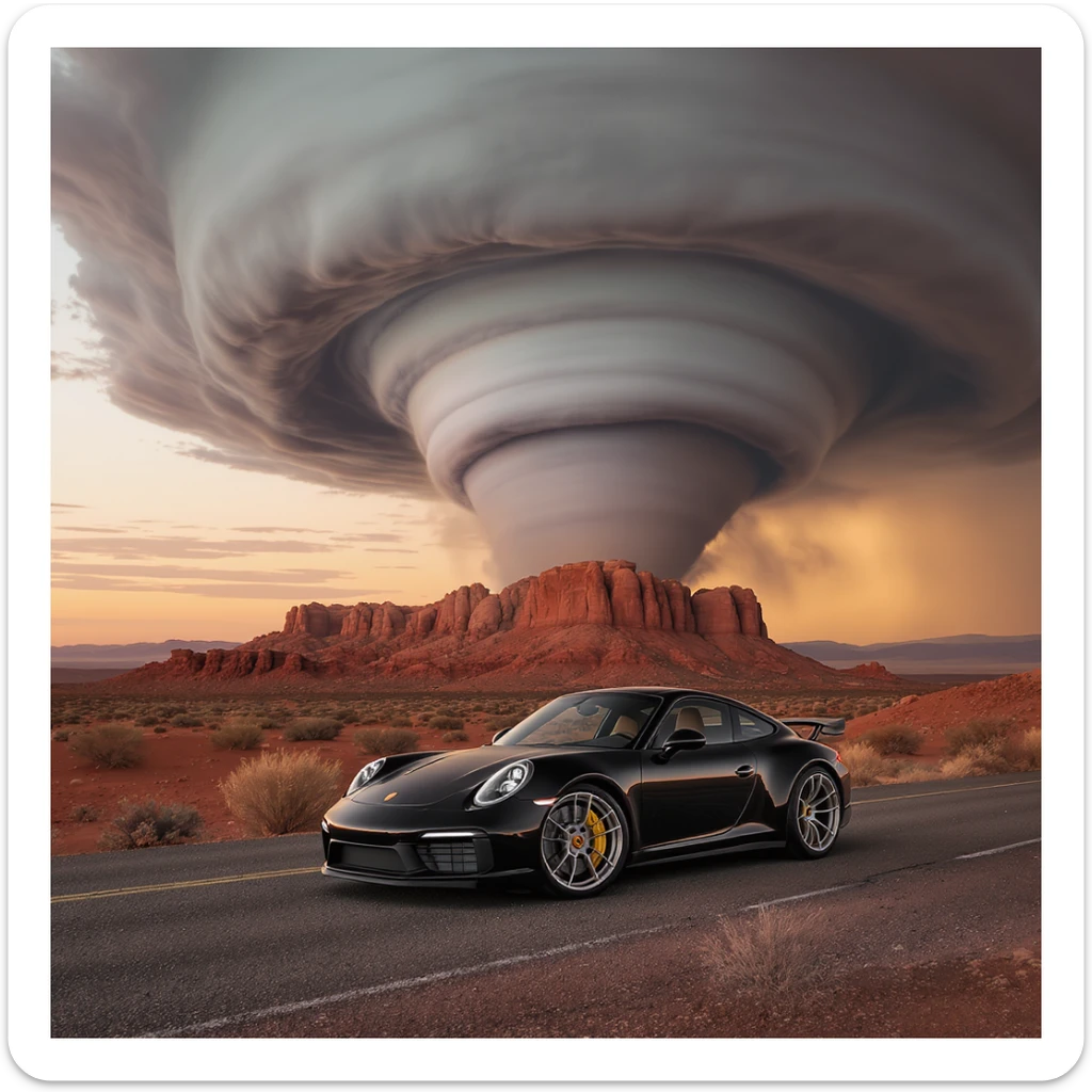 A modern desert mountain, wallpaper, modern, porsche 911, sunset, arizona desert, tornado in background sticker