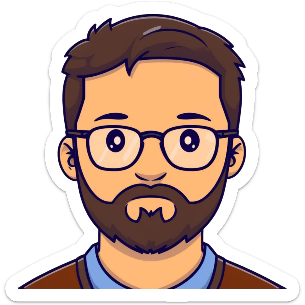 male with glasses, French cut hairstyle, brown hair, fine full beard sticker