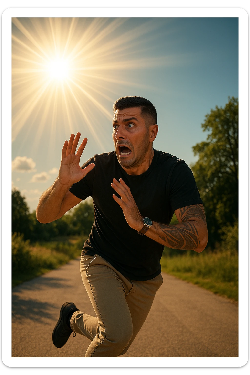 Uomo che corre via dal sole spaventato perchè pensa sia nocivo realistica sticker