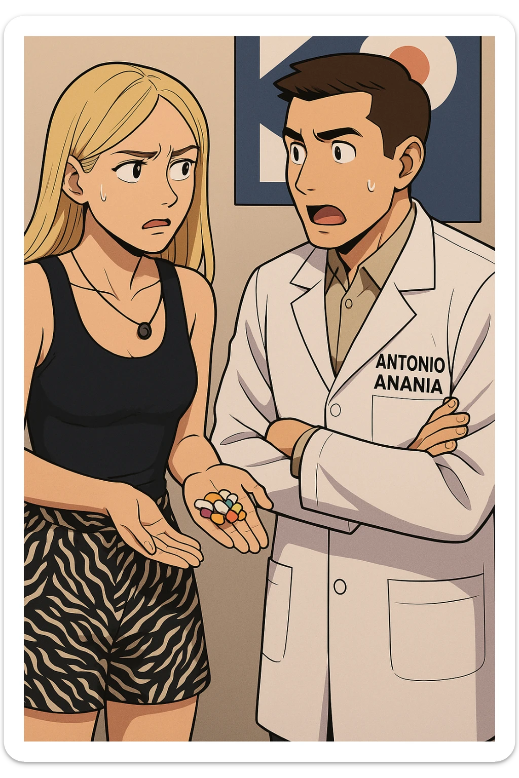 fai un webtoon/manga a colori con questo kinesiologo in camice bianco (fagli la scritta "ANTONIO ANANIA" SUL CAMICE) CHE PARLA CON QUESTA RAGAZZA. LA RAGAZZA HA UN PUGNO DI INTEGRATORI IN MANO (TANTE PILLOLE DIVERSE) E LE GUARDA DUBBIOSA. IL KINESIOLOGO CON IL CAMICE BIANCO LE DOMANDA UNA COSA SCIOCCATO. NON FARE I FUMETTI, FAI SOLO LORO COME SE DIALOGASSERO sticker
