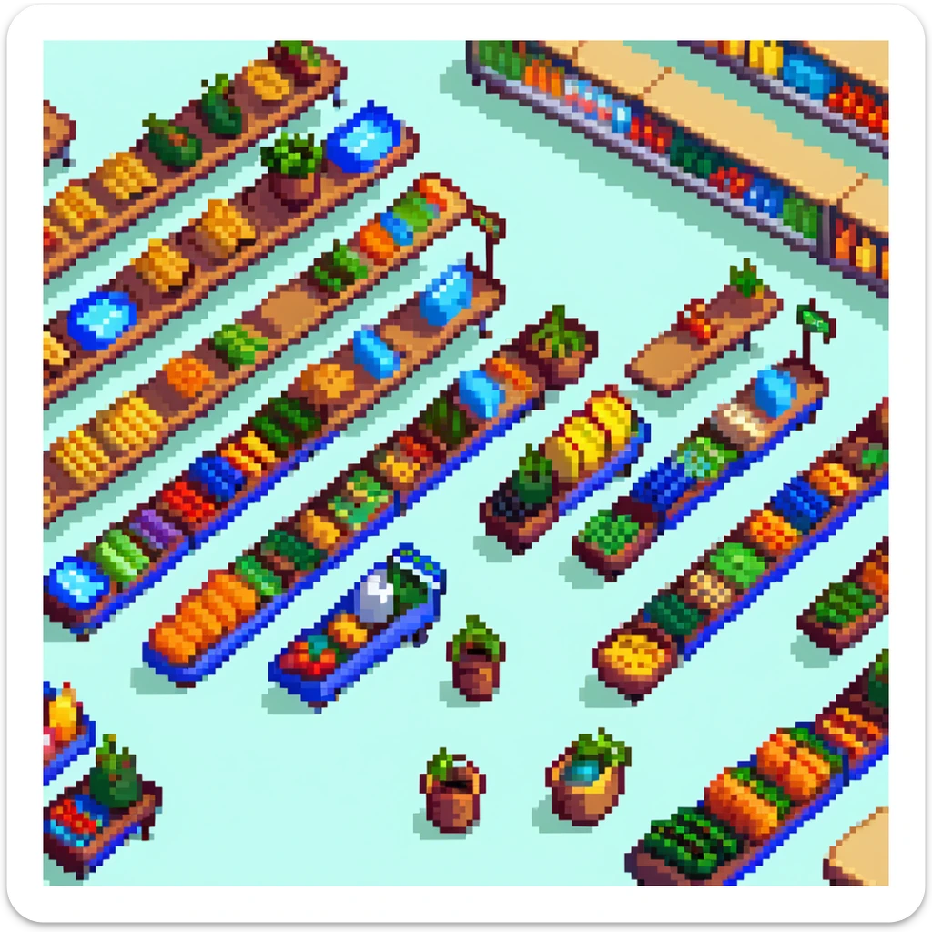 Isometric view of a supermarket with shelves of products, shopping carts, and checkout counters sticker
