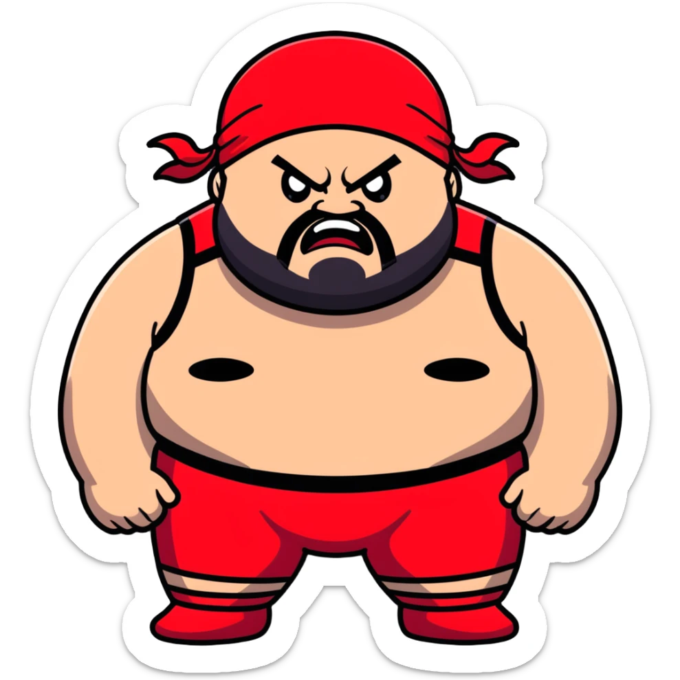 White skin fat guy with prominent black durag, shaved beard stubble, black eyes in a red and black wrestling singlet with angry face sticker