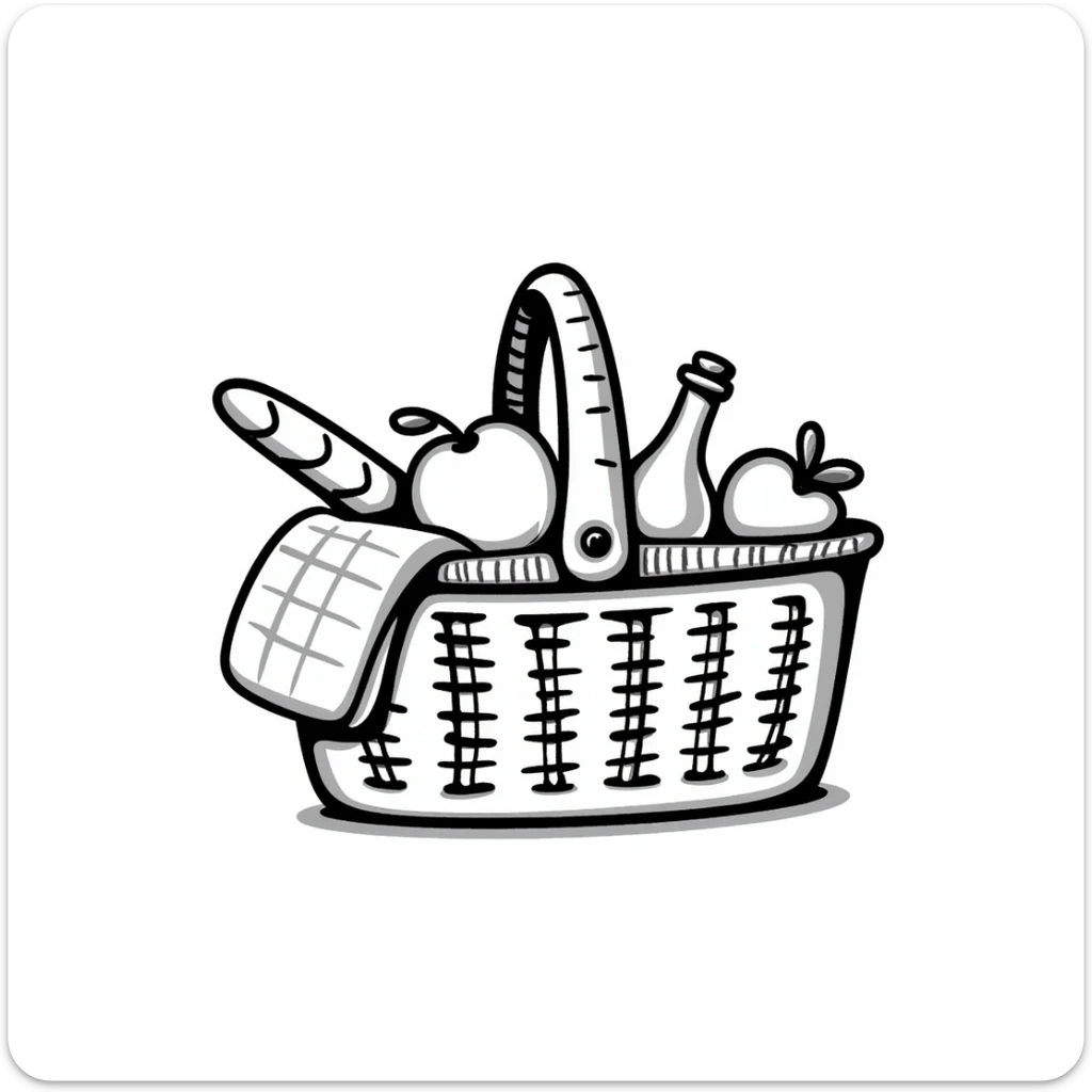 A wicker picnic basket with handle and contents like food items in pastel colors (dd9fb0, ffc6d3, a3bfc9, c4bee2, f1b091), hand-drawn doodle style sticker