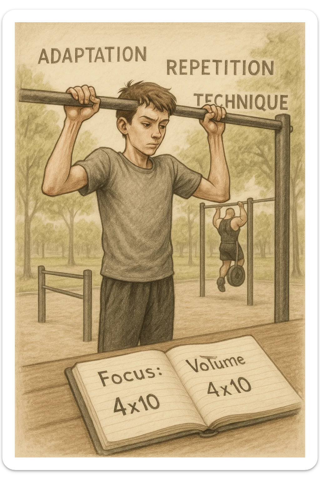 Giovane atleta principiante, fisico asciutto ma non muscoloso, si allena in uno street park con sbarra e parallele. Sta eseguendo serie lunghe di trazioni a corpo libero, concentrato sulla tecnica e sul controllo. Vicino a lui si vede un block notes con scritto a penna 'Focus: Volume, 4x10', mentre in lontananza un altro atleta molto più grosso fa una singola ripetizione con zavorra pesante. Il neofita guarda il suo diario, non gli altri. L’ambiente è sereno, luce naturale, atmosfera di crescita e disciplina. Sullo sfondo si intravedono i concetti scritti in aria con stile metaforico: 'Adattamento', 'Ripetizione', 'Tecnica', fluttuanti accanto a lui sticker
