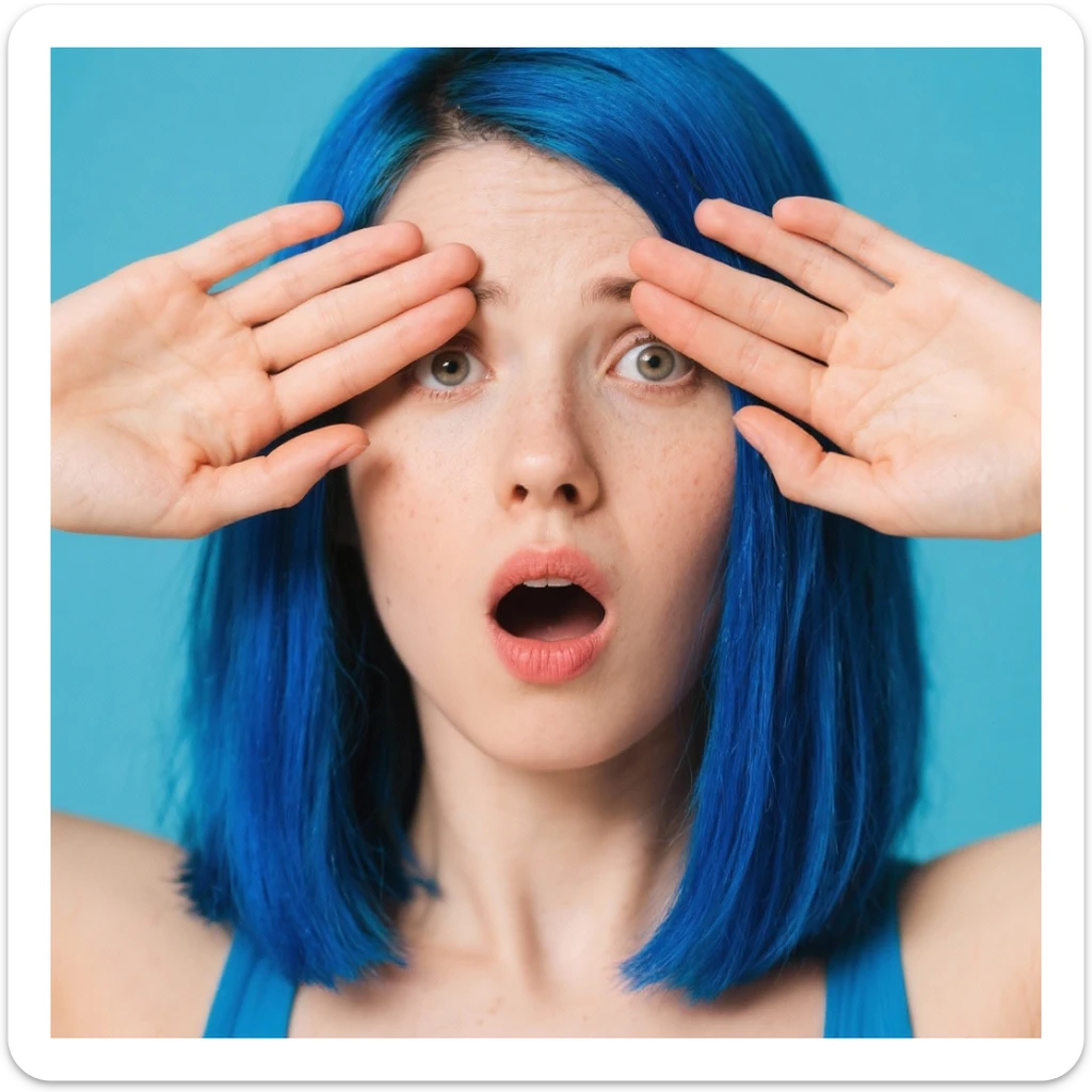 Woman with blue hair with hands over her eyes in disbelief  sticker