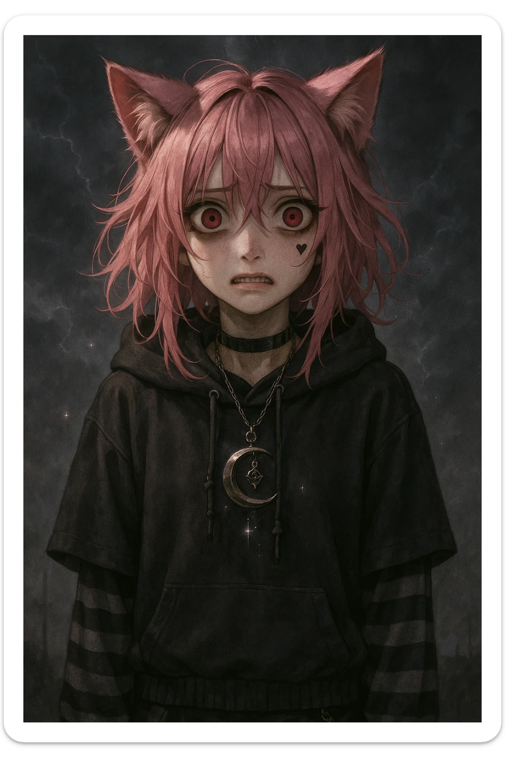 realistic anime catgirl with pink hair, emo streetwear, heart tattoo under left eye, dark magical accessory, sparkles, stormy background, subtle horror expression with wide eyes and tense mouth sticker