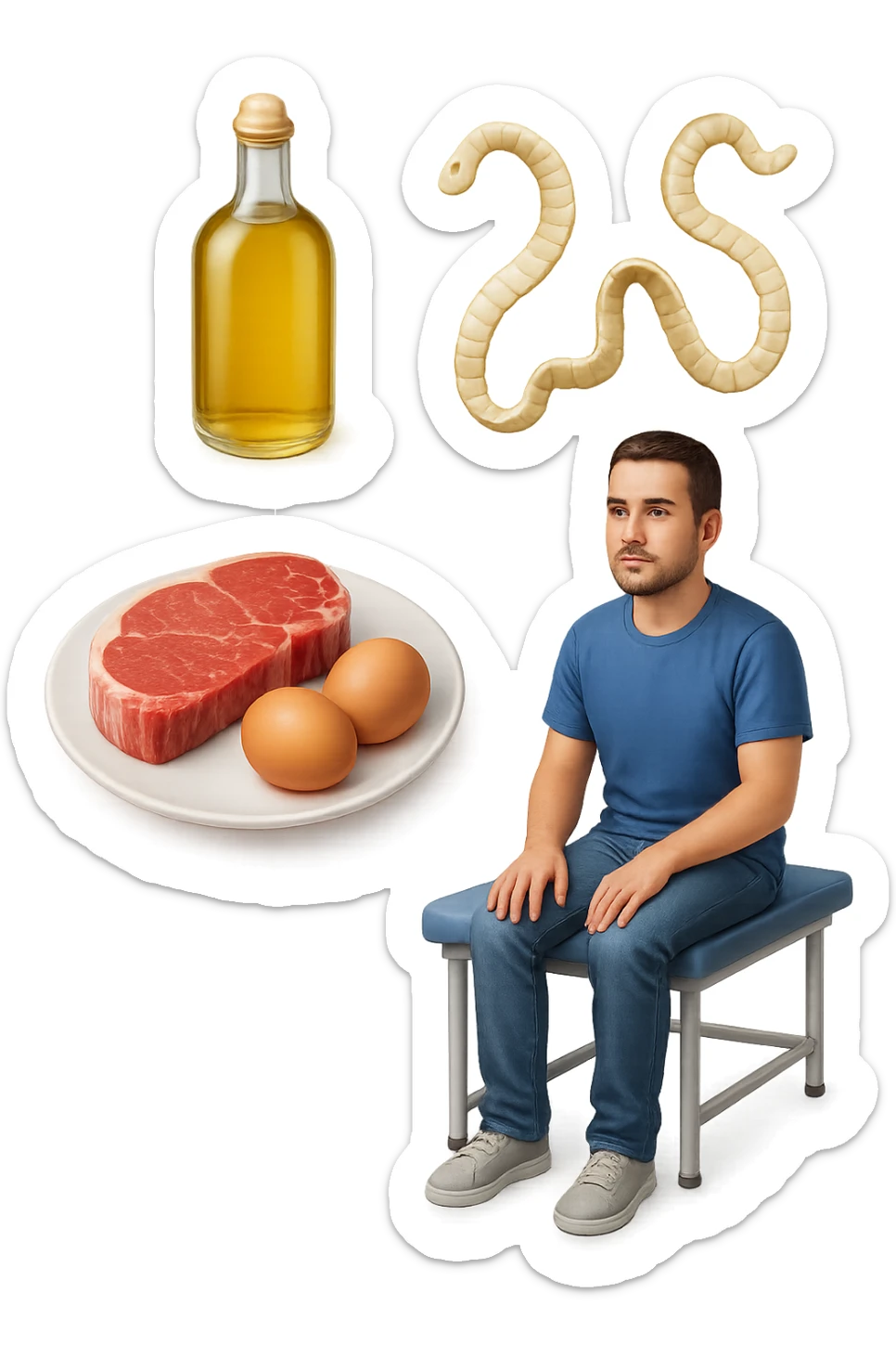 emoji stile iphone di UN PIATTO CON CARNE ROSSA E UOVA, UNA BOTTIGLIA DI OLIO DI SEMI, DUE PARASSITI TIPO LA TENIA, UOMO SEDUTO SU UN LETTINO DA FISIOTERAPISTA, IPERREALISTICO 4K sticker