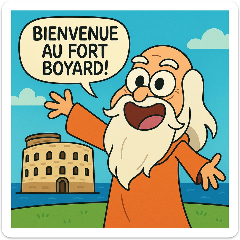 Père fouras  de fort boyard qui cri bienvenue au fort boyard // style enfantin dessin animé cartoons américain style gumball sticker