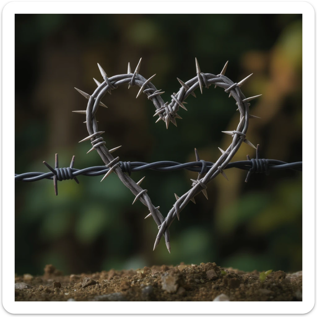 a heart made of barbed wire, realistic style, detailed, photorealistic sticker