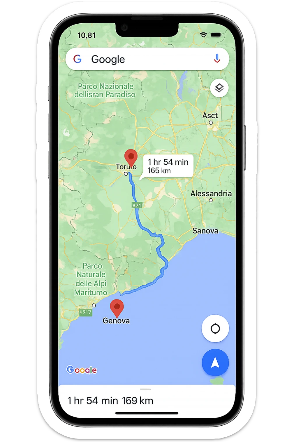 IPHONE CON GOOGLE MAPS APERTO, PARTENZA DA TORINO, ARRIVO A GENOVA sticker