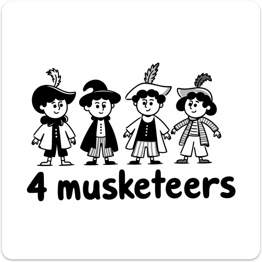 Cute cartoon of four musketeers with feathered hats and capes with the text "4 Musketeers" sticker