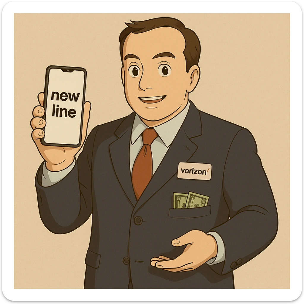 Make the Verizon salesman look more professional, have him holding a phone that displays the text 'new line', and put the money in his pocket or in his other hand. Keep the same Ghibli style and suit. sticker