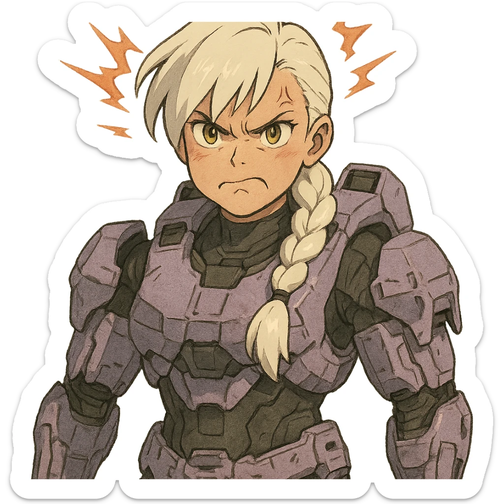 making an angry scowl, frown closed mouth, rage face, rage aura,  female, wearing reach spartan armor shoulder-unequip, long white braid hair with massive messy front side single bangs, gold yellow eyes, attention pose, D-cup size, HALO:series, no helmet, the armor is lavender color scheme, sticker