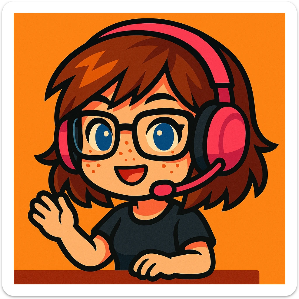 chibi woman with shoulder length choppy brown hair, pink gaming headset, freckles, glasses, and blue eyes sticker