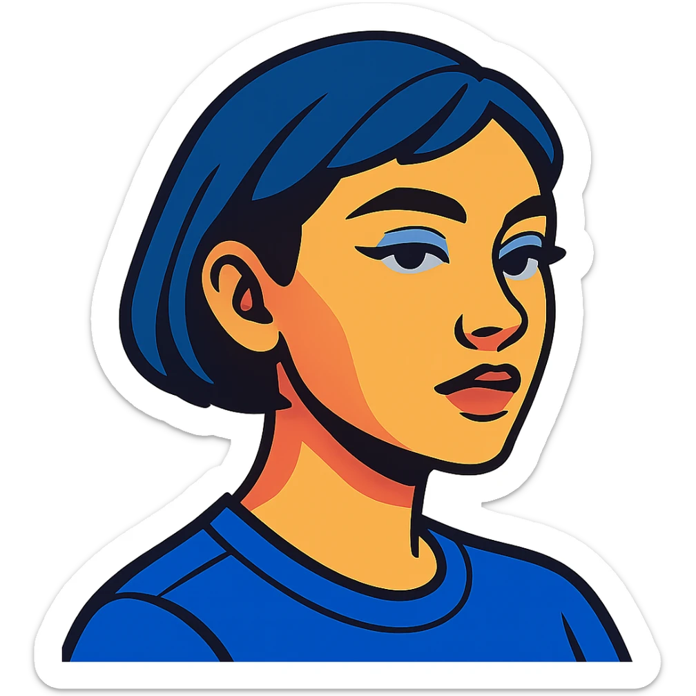profile picture of a 22-year-old girl with short hair, cool tone makeup, blue shirt, vibrant toon style sticker