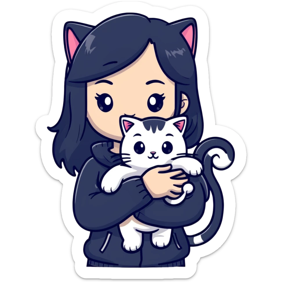 beautiful girl with long black hair holding a silver-colored cat sticker