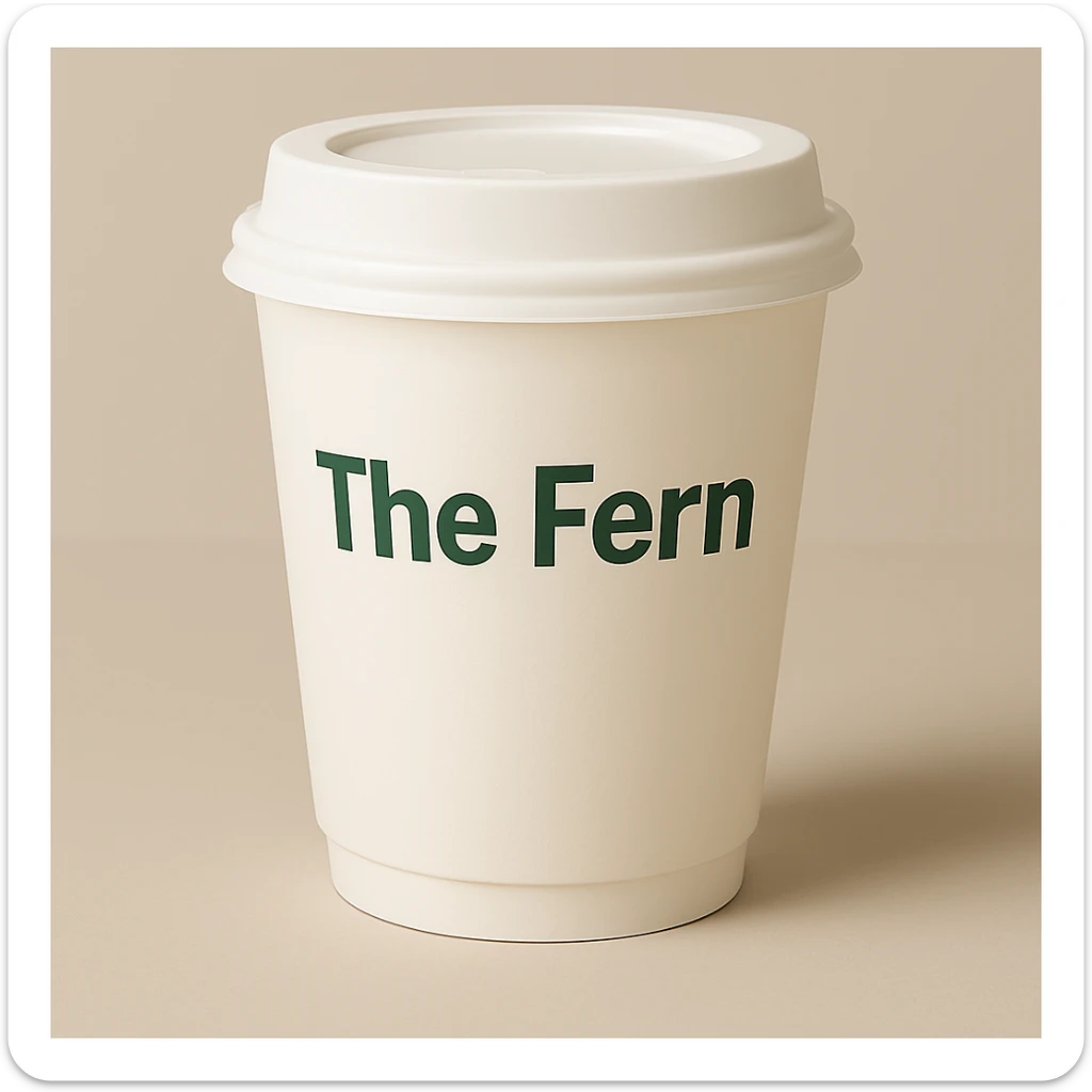 Change the letters that say 'The Fern' to green, keep the friendly, modern font and minimal, clean style on the to-go cup. Maintain the overall minimal and clean aesthetic with a friendly modern font style for the text. sticker