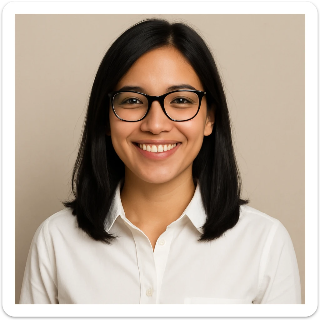 upper body of a medium length black haired girl with black glasses, light tan skin, white collared shirt, smiling, simple background sticker