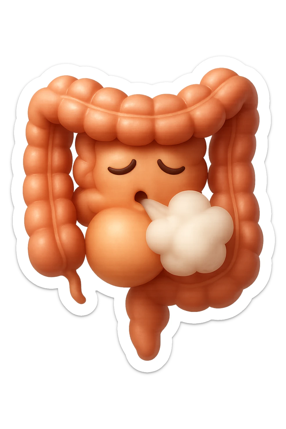 emoji stile iphone di un intestino che ingoia una nuvoletta di aria ben visibile e gli si gonfia la pancia, non fargli il naso, iperrealistico 4k sticker