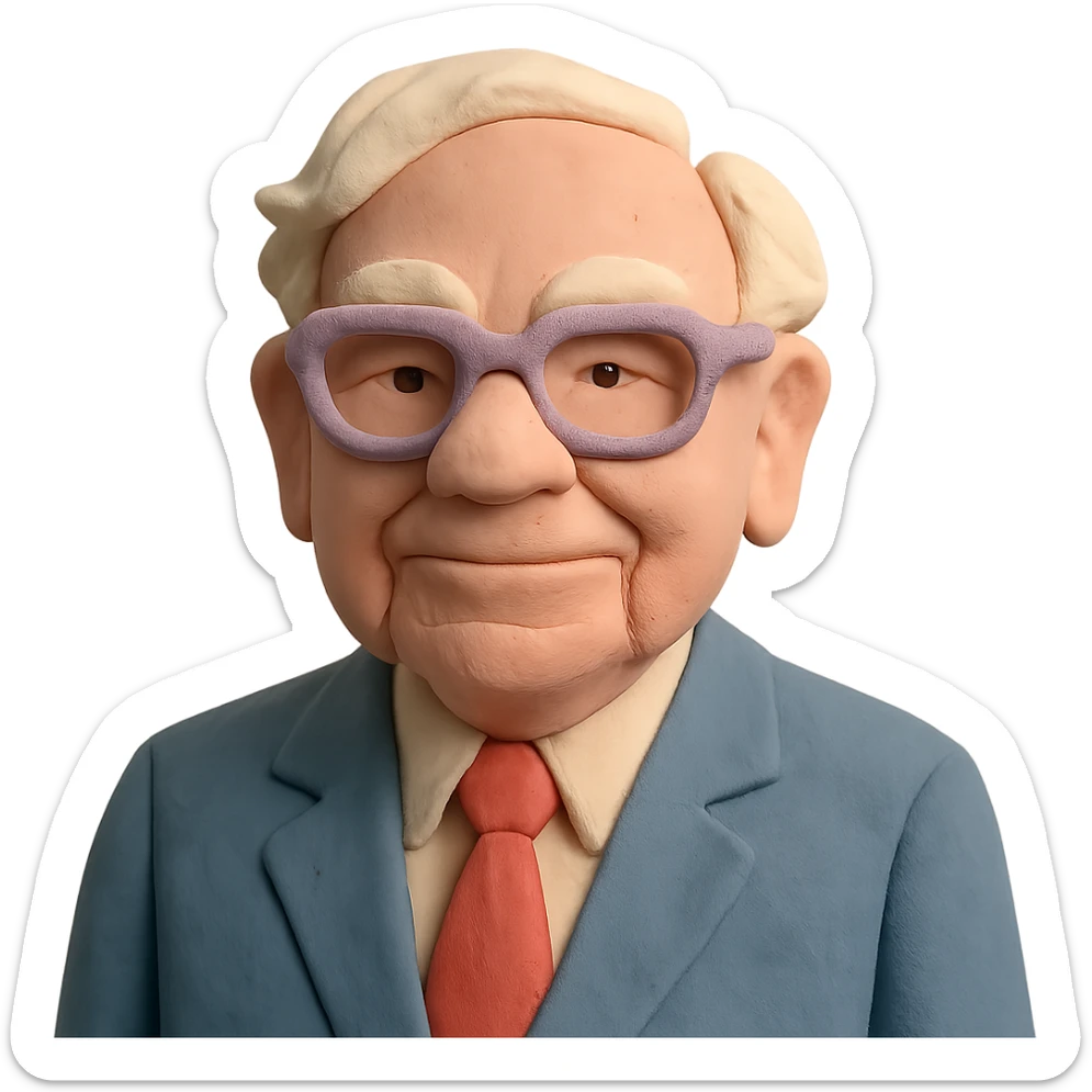 pastel colors claymation style portrait of Warren Buffett, glasses, suit sticker