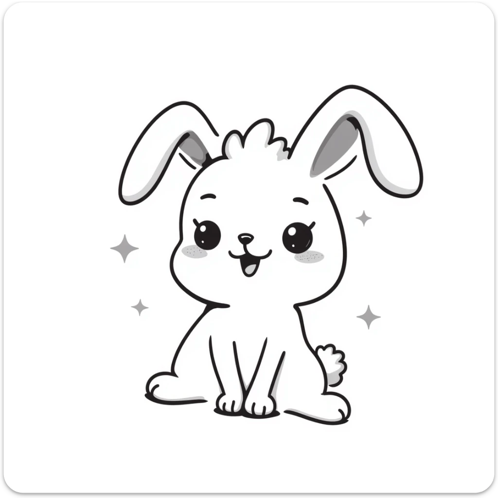 kawaii bunny plush toy with sparkly eyes and a huge smile, soft pastel colors, dreamy hand-drawn style sticker