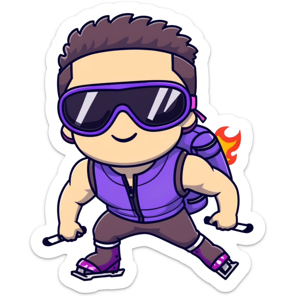 close-up of bad guy male athlete with white skin and moderately curly dark brown hair on top with shaved sides, wearing ski goggles with purple frames and very dark black lenses, a simple plain black chain necklace, and a completely unzipped sleeveless vest with purple and black sequin fire pattern design with no logo, pulling his tongue out very far in an exaggerated mocking gesture, looking menacing and villainous sticker