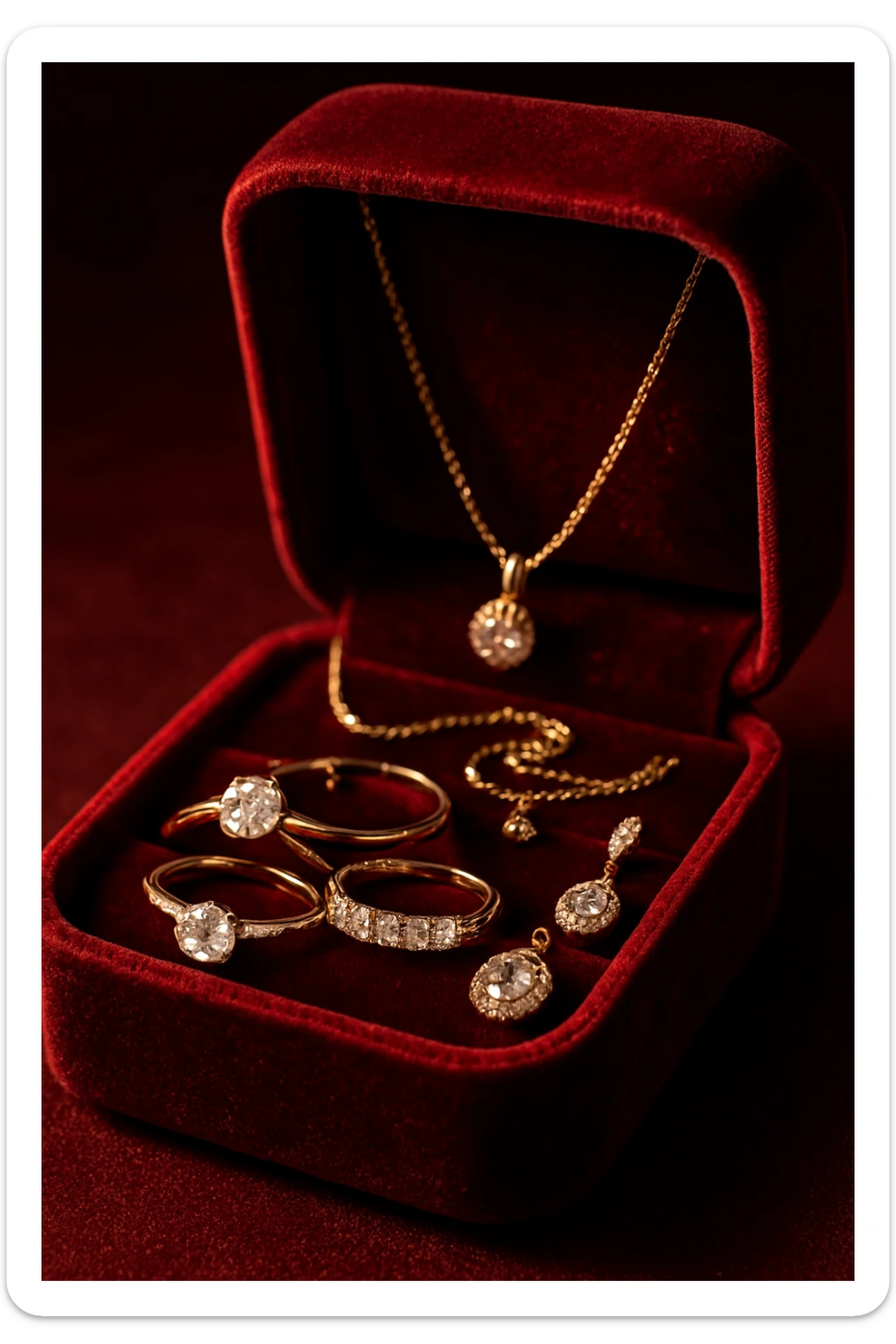 a luxurious dark red velvet jewelry box with shiny jewelry inside sticker