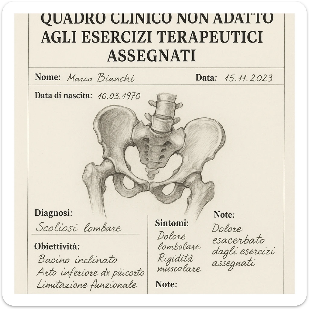 medical record with drawing of tilted pelvis, prominent title 'quadro clinico non adatto agli esercizi terapeutici assegnati', realistic style, clinical details, white background sticker