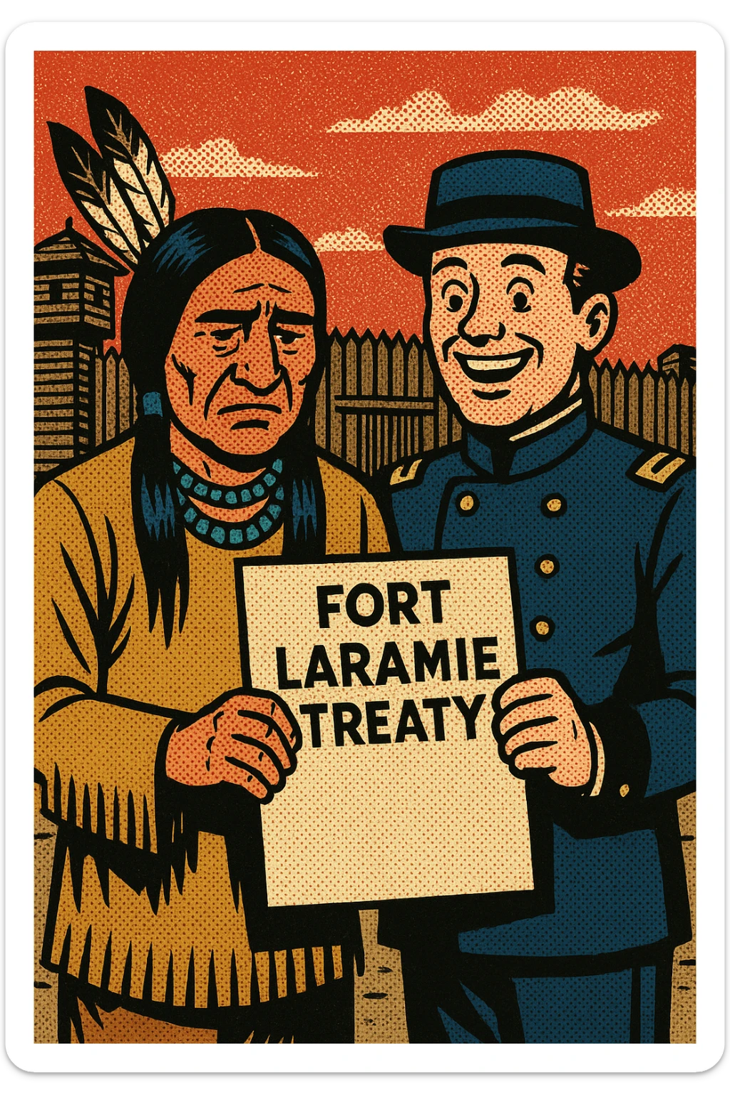 A sad tribal chief from the 1850s standing next to a happy US government official from the 1850s with both holding the same peace of paper titled 'Fort Laramie Treaty'. The background is a wooden military fort from the 1850s American West sticker
