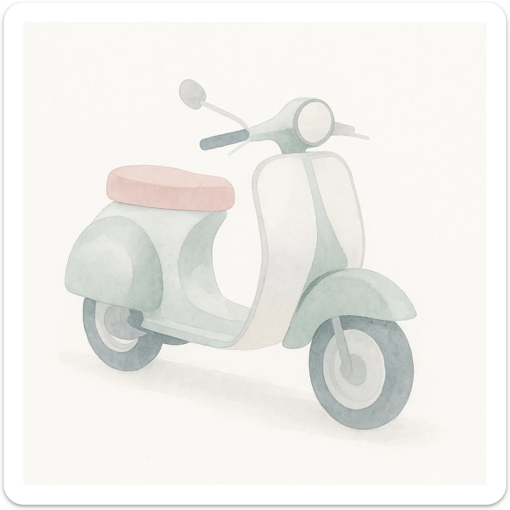Vespa scooter in watercolor style with white, green, and pink pastel tones sticker