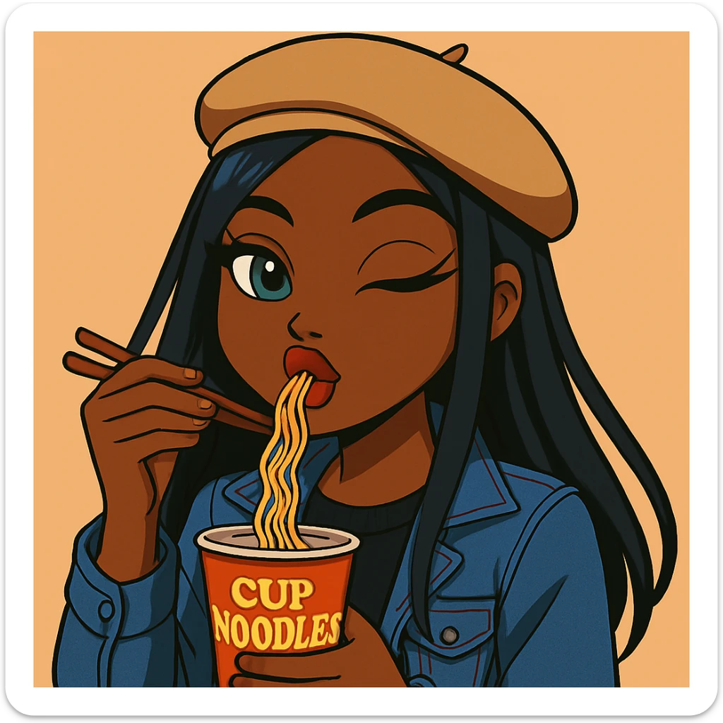 Change the pose to a 20-year-old anime Bratz style woman with dark skin, straight hair, trendy outfit, big expressive eyes, glossy lips, no hat, no tears, happy expression, looking straight ahead, eating a cup of noodles with chopsticks, headshot only. sticker