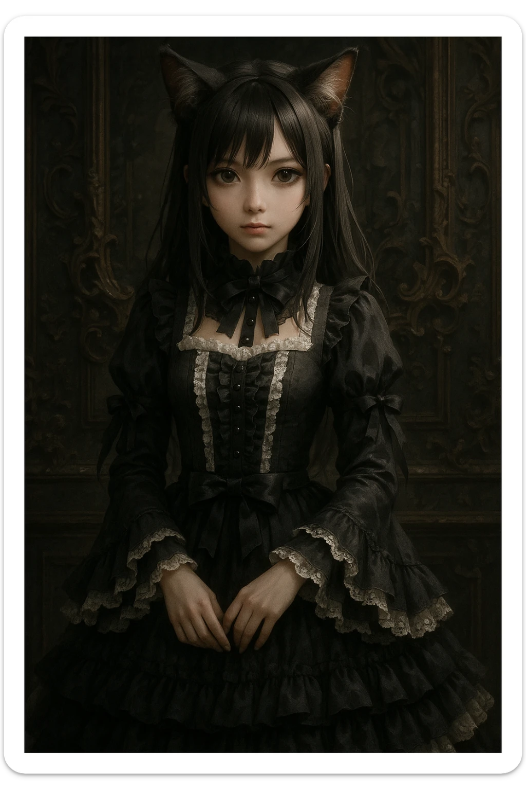 realistic anime catgirl in a gothic lolita dress, ornate background, mysterious vibe sticker