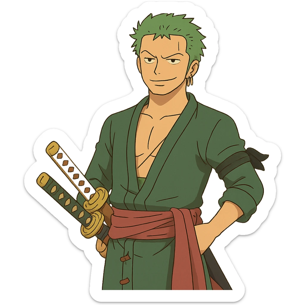 Zoro from One Piece, anime style, green hair, three swords, confident expression sticker