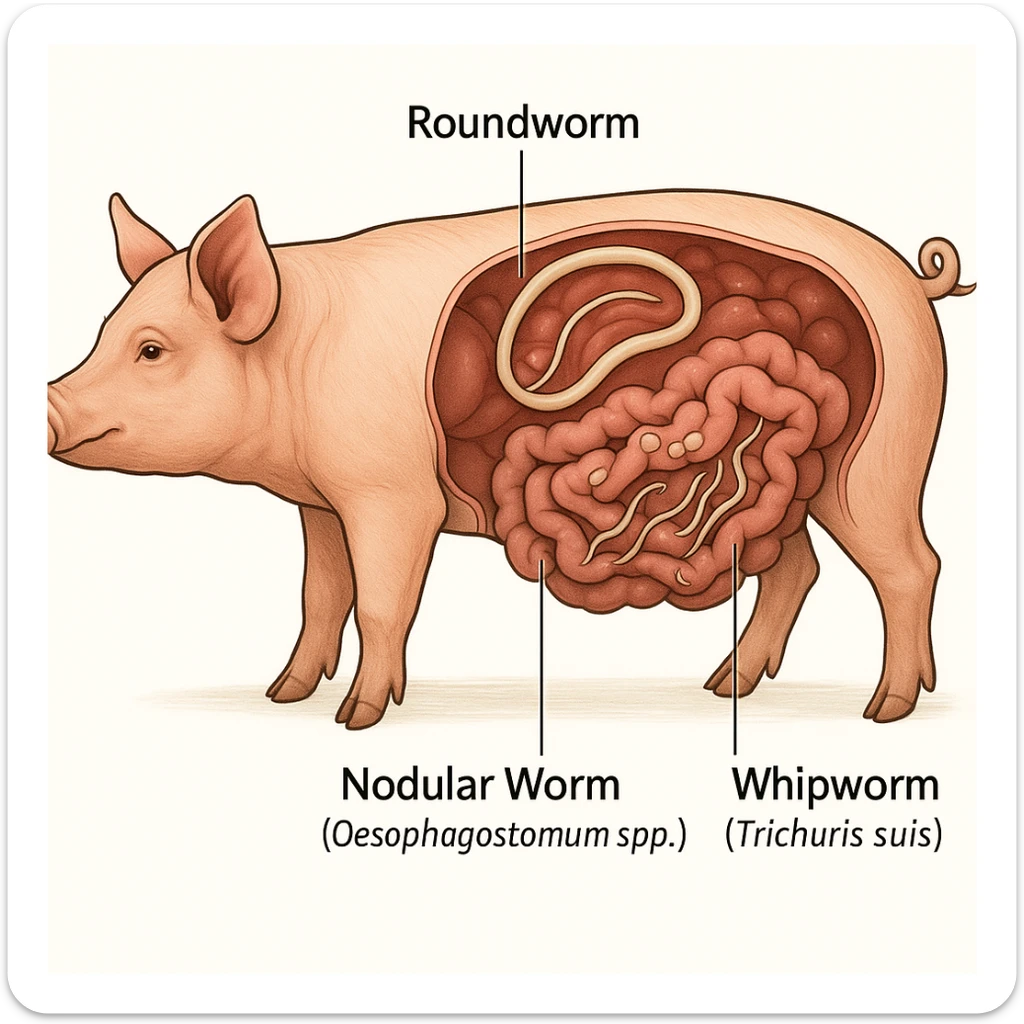 educational illustration anatomical diagram of a pig with intestine full of parasites names of main worms indicated white background 4K quality sticker