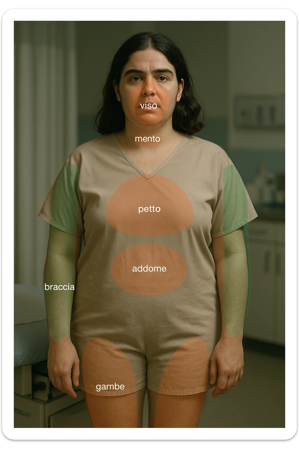Realistic and cinematic vertical image of a woman with PCOS. Highlight with colors or transparencies the areas most affected by excess hair (face, chin, chest, abdomen, arms, legs). Clinical atmosphere with captions in Italian. Aspect ratio 2:3. sticker