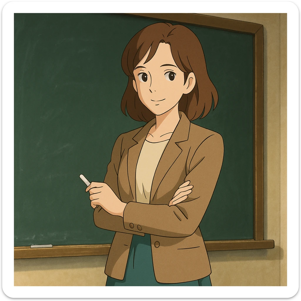 woman English teacher with brown hair, standing by a chalkboard, in ghibli style sticker