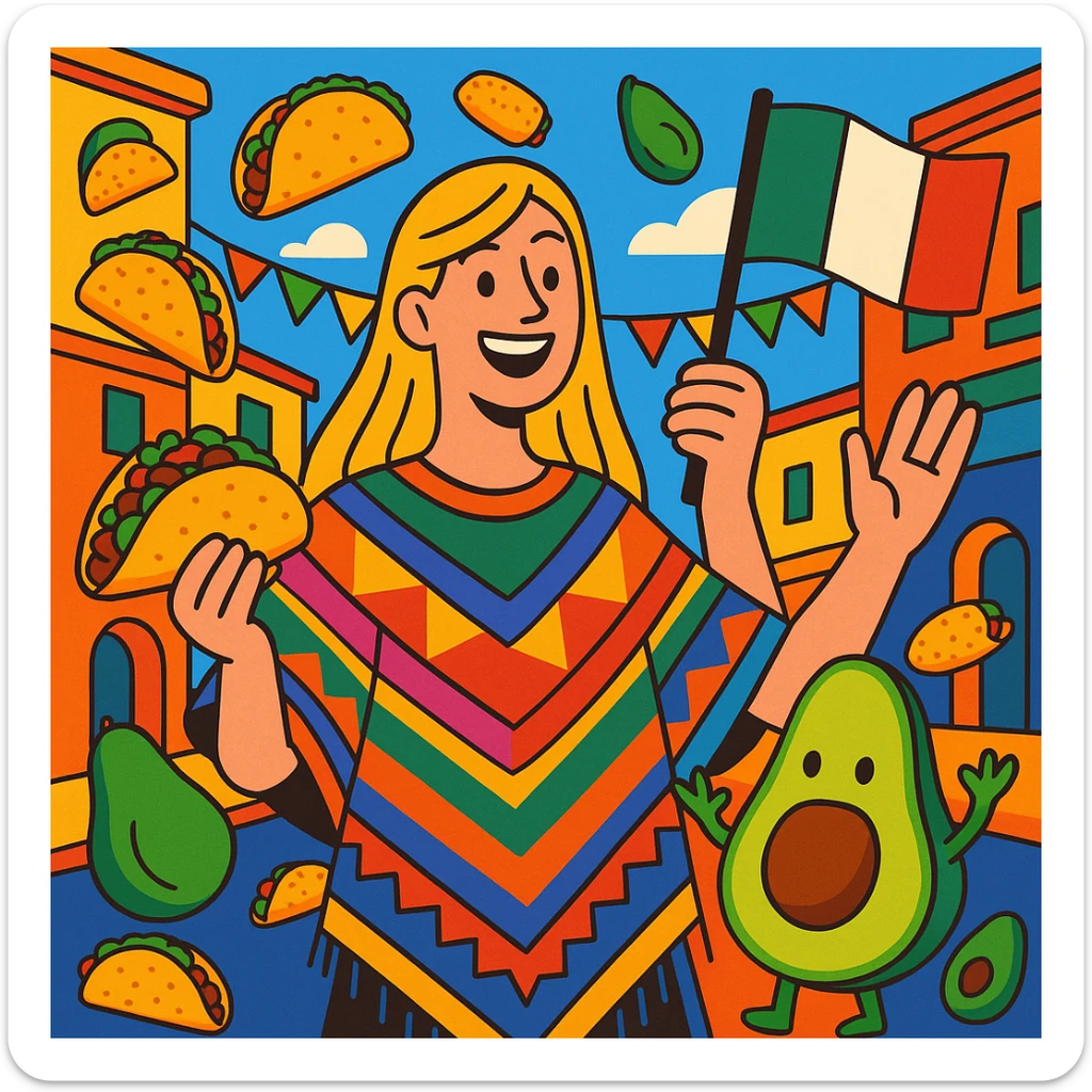 cartoon of a tall blonde woman smiling wearing a colorful poncho holding a taco and an avocado waving a Mexico flag surrounded by tacos and avocados on a lively street background with bright and bold colors sticker