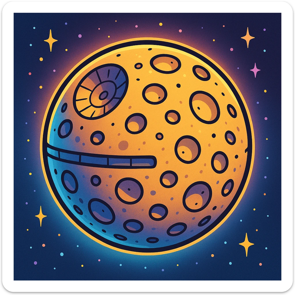 cartoonish Star Wars moon with craters and a faint Death Star trench, glowing softly, vibrant and playful sticker