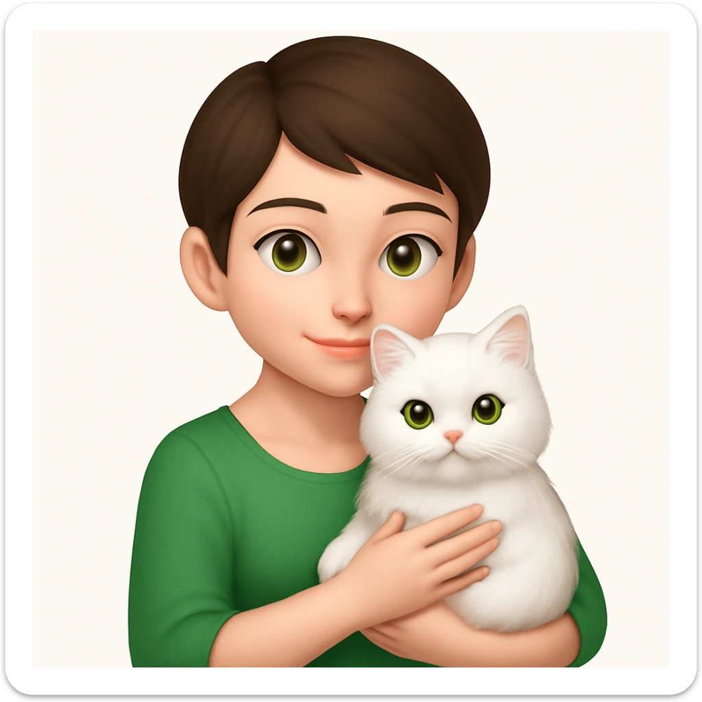 Brunette woman snuggling white Persian cat, emoji style, wearing a green dress, with a pixie cut sticker