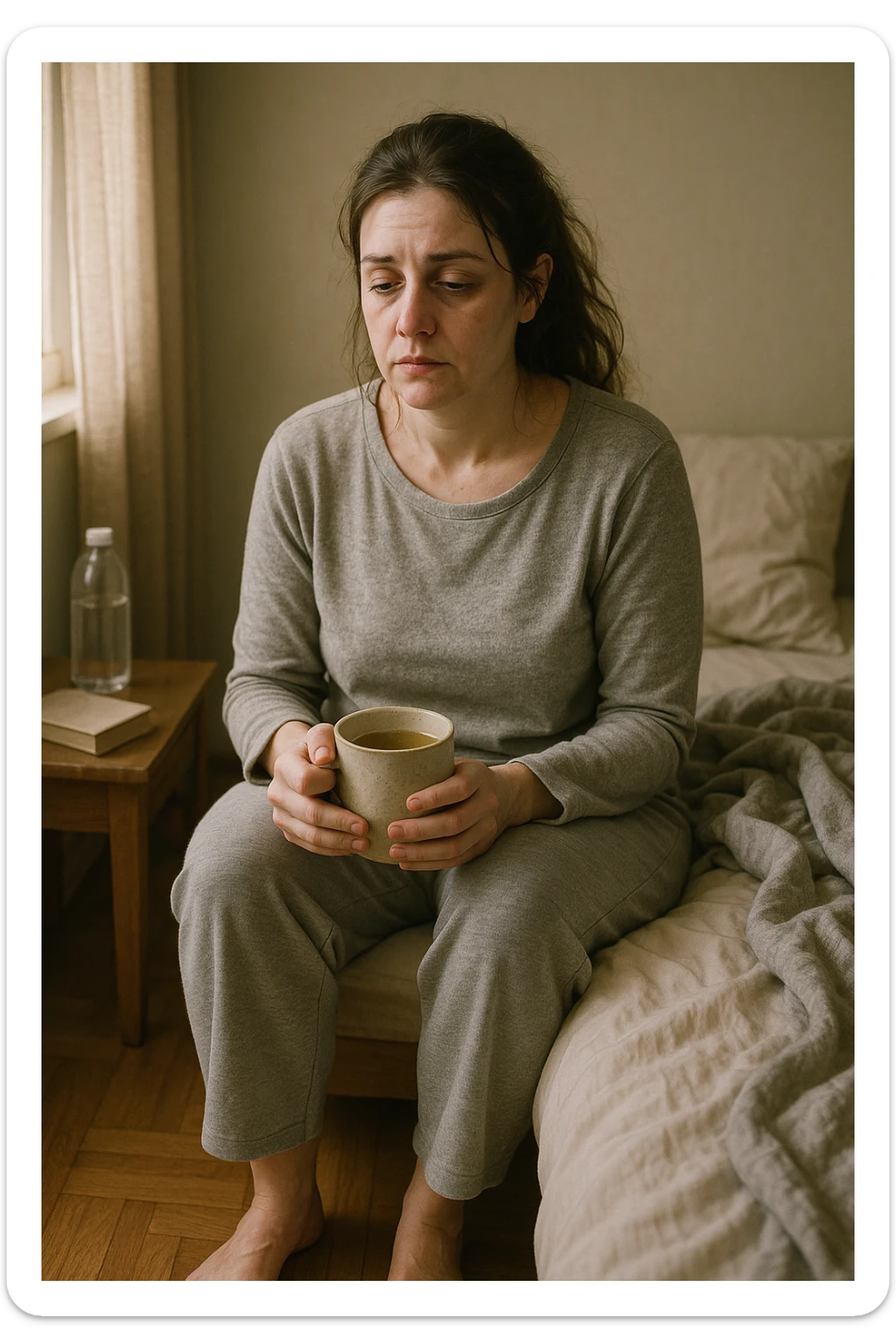 A realistic, cinematic illustration of a woman in her early 30s with a tired, pale appearance, sitting on the edge of her bed in a softly lit bedroom during the morning, looking exhausted and drained. Her posture is slightly slouched, and dark circles are visible under her eyes. She wears comfortable loungewear, holding a warm cup of herbal tea in her hands, seeking comfort. The scene includes a cozy yet slightly messy room with a blanket, a water bottle, and a book on the nightstand, emphasizing chronic fatigue. Soft natural light comes through the window, highlighting her expression of persistent tiredness despite rest, capturing the invisible struggle of chronic fatigue syndrome while maintaining dignity and a gentle aesthetic. sticker